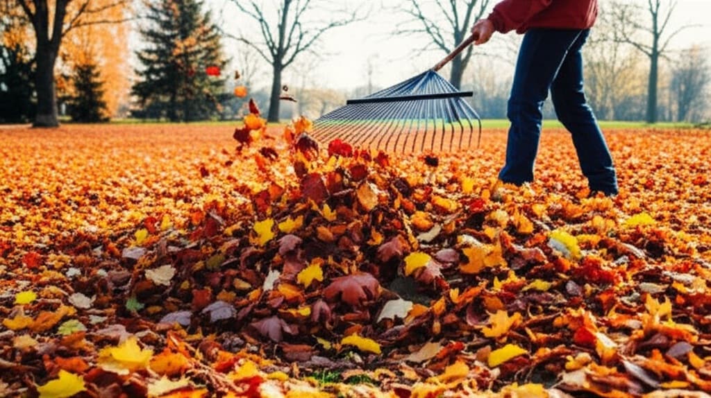Fall leaf cleanup on a Radford, Virginia property near the New River