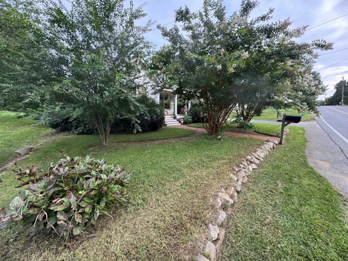 Residential front yard landscaping with mature trees and decorative stone edging