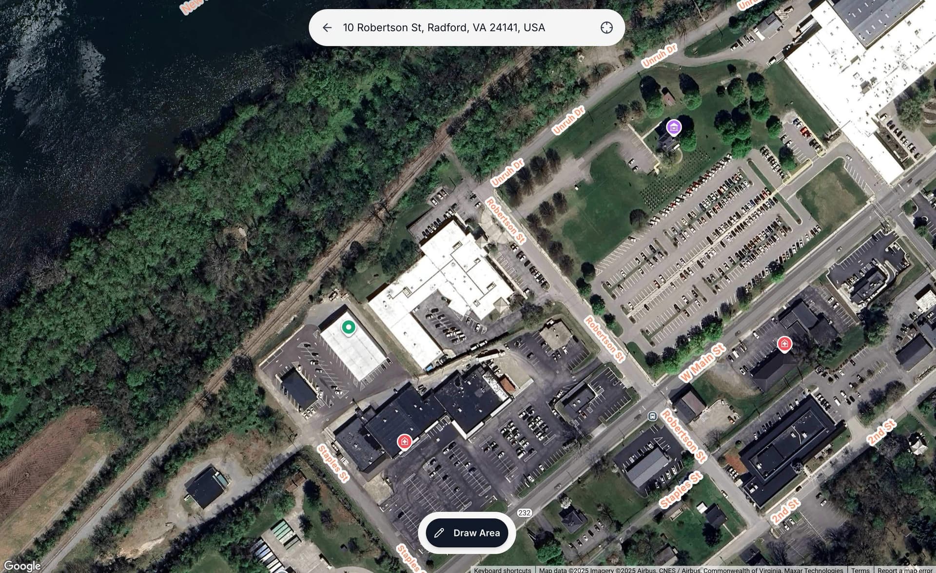 Satellite map tool showing property tracing feature with draw area button