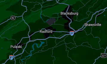 Service area map showing Blacksburg, Radford, Pulaski and surrounding New River Valley communities