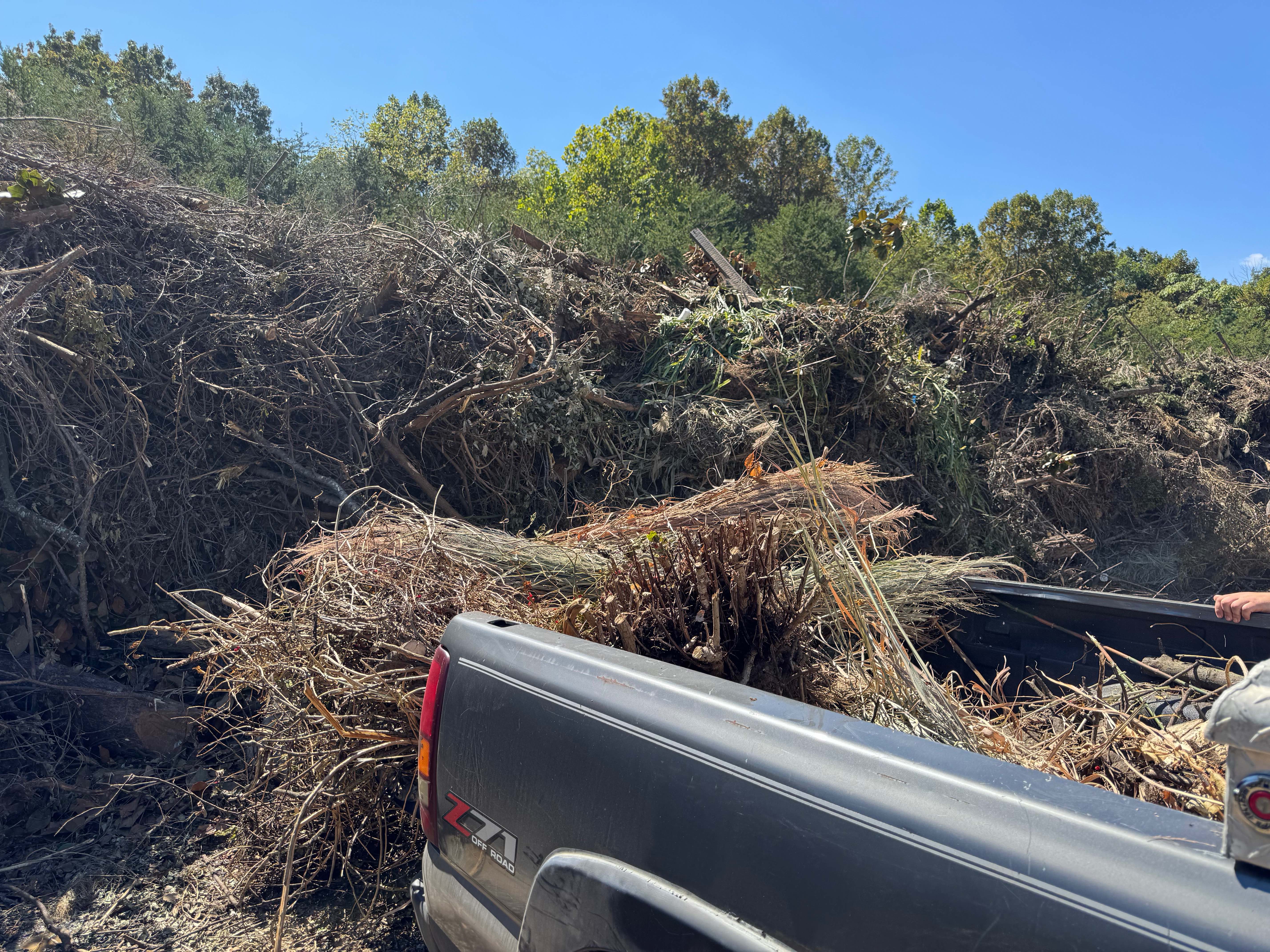 Truck loaded with large pile of yard debris, branches, and brush ready for removal